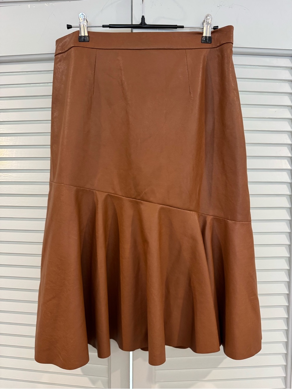 Rebecca Taylor Brown Faux Leather Midi Skirt with Flared Hem